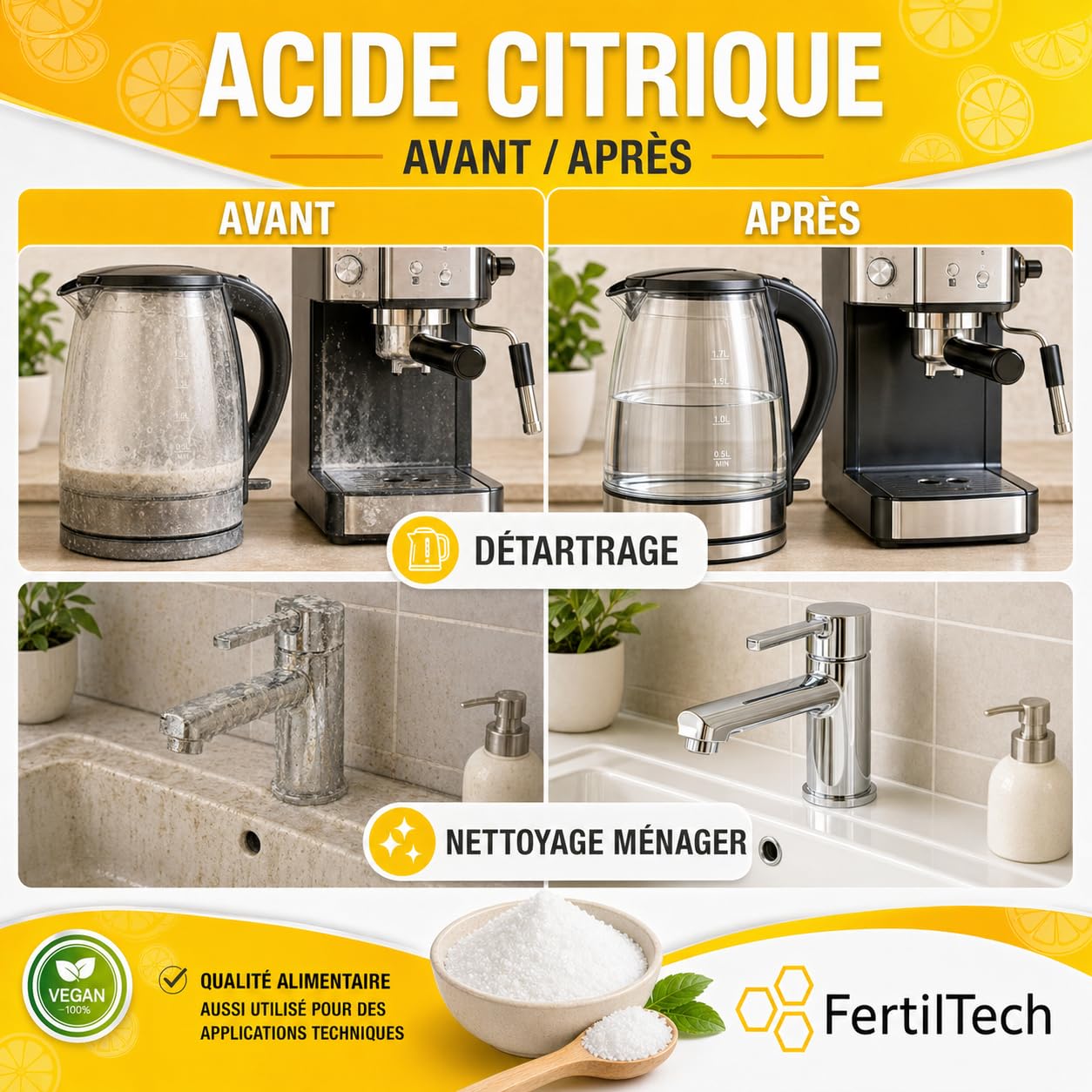 FertilTech Acide Citrique Monohydraté 1.5 kg E330 Qualité Alimentaire 100% Pur Pour Usages Alimentaires Cuisine et Pâtisserie Convient Aussi au Nettoyage Naturel Vegan
