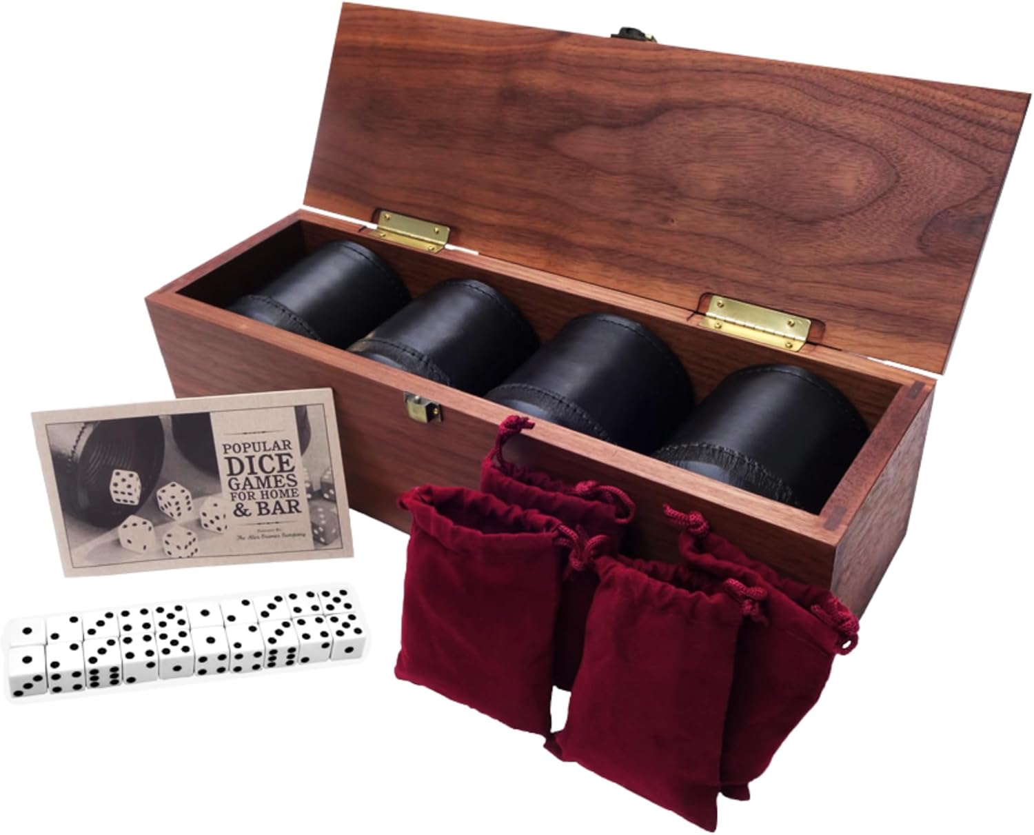 Golden Gate Dice Cup Set of Four in Walnut Presentation Case Includes Twenty White Dice and a Book of Dice Games (Includes Liars Dice) (Dice Shaker Cup Set)