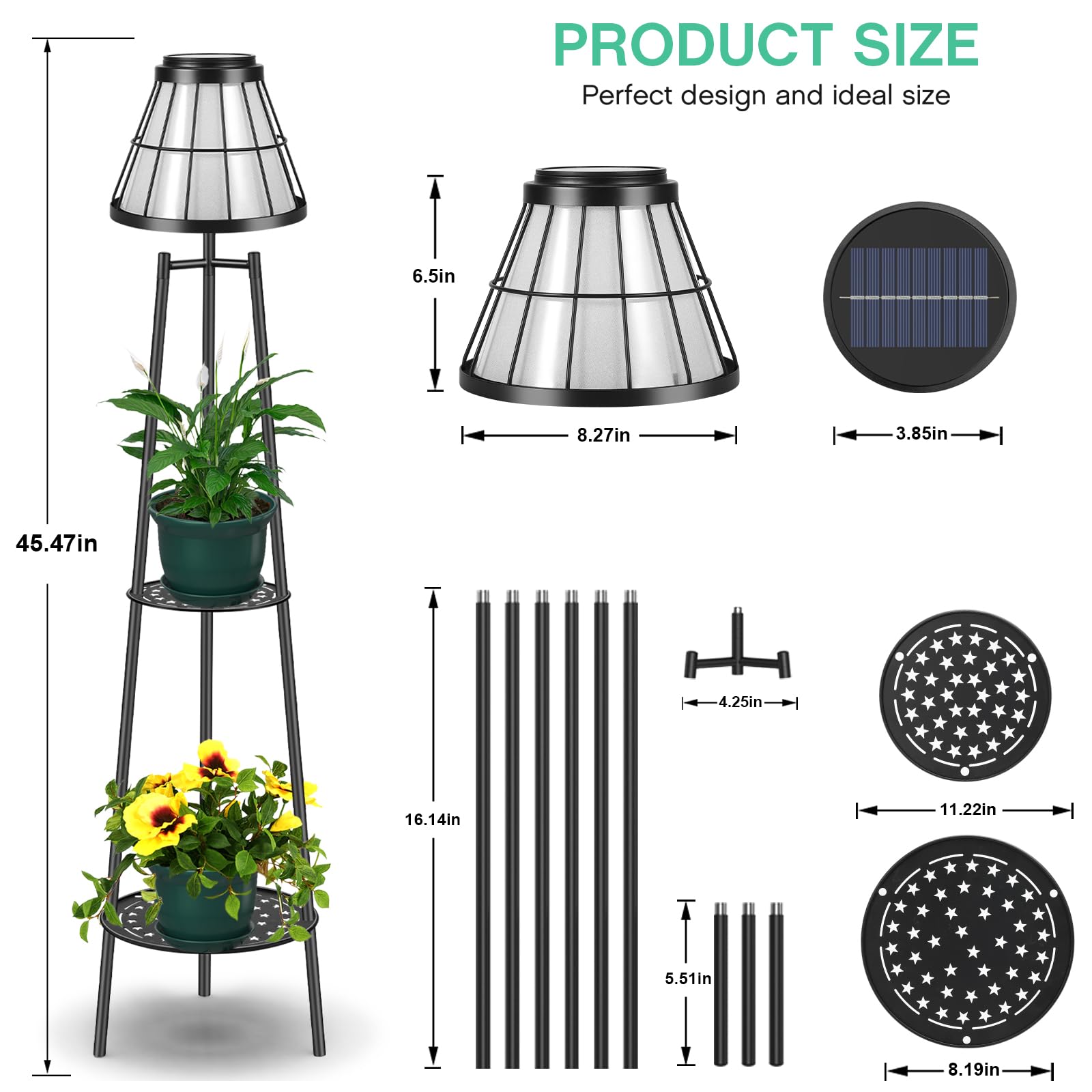 Paquete de 2 lámparas solares de pie de 45.5 pulgadas con soporte para plantas de 2 niveles, luces solares de metal impermeable para exteriores, estante de flores para patio, terraza, jardín, porche,