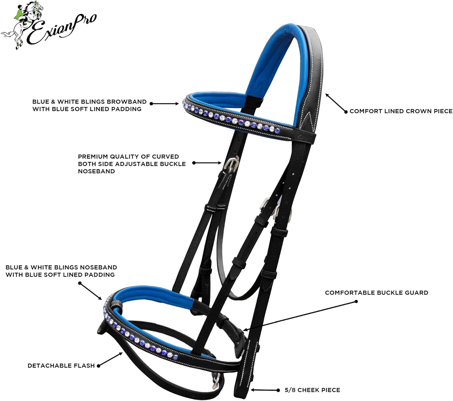 Exion Bling Bridle for Horses White & Dark Blue Bling Crystals Browband & Snaffle Noseband with Dark Blue Calf Padding & Rubber Reins | English Jumping Bling Bridle for Horses