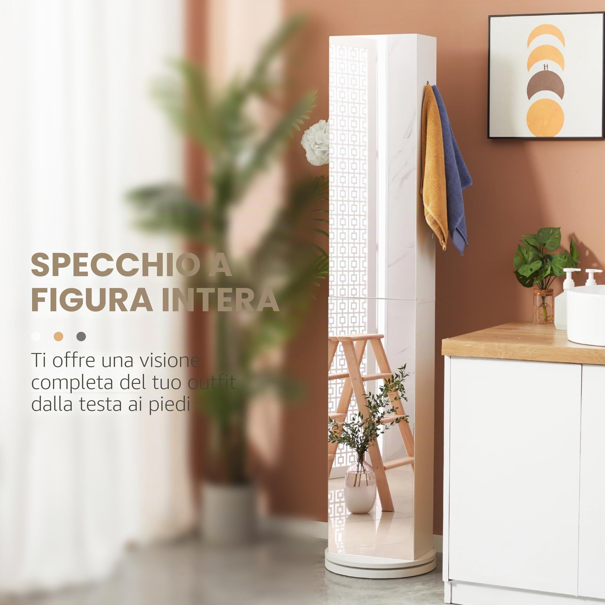 kleankin Mobiletto bagno girevole Mobiletto bagno con specchio - 6 ripiani - 36 x 36 x 171 cm bianco