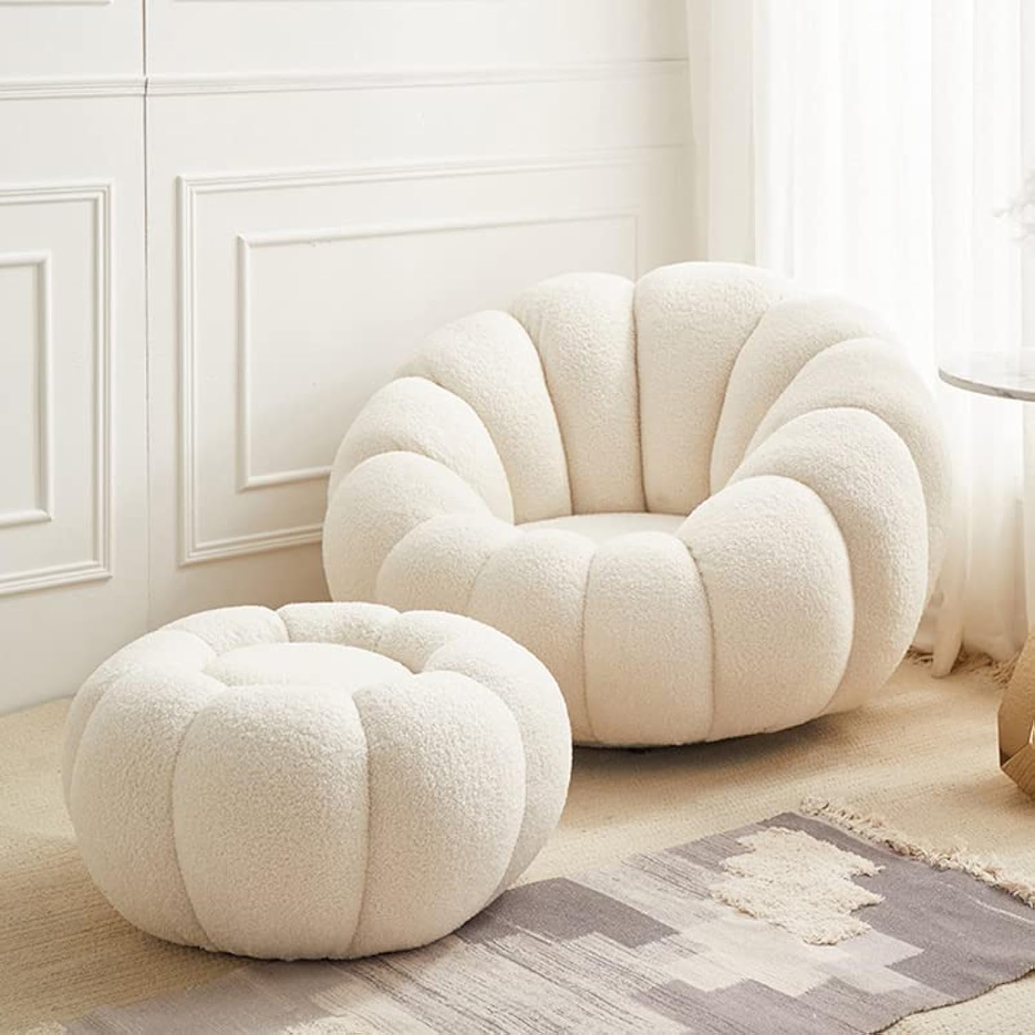 Maple Home Decoration Lamb Fleece Sofa Set Modern Nordic Flower Minimalist Style Sofa for Living Room Furniture (Single Seater & Footstool)