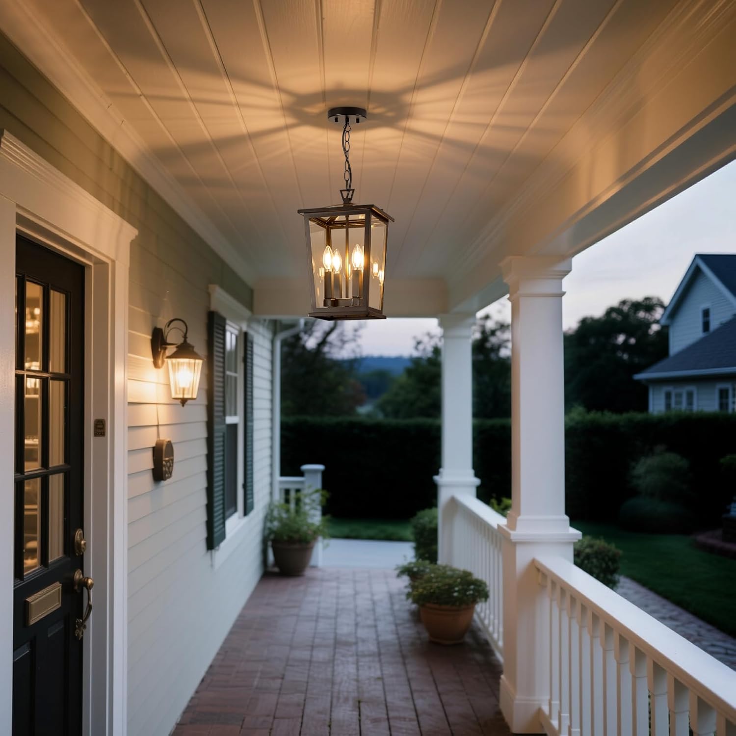 Outdoor Pendant Lights for Porch, 16" 4-Light Large Outdoor Chandelier with Clear Glass, Black Modern Exterior Hanging Porch Light with Long Chain for Gazebo Foyer, OS-OD2601-4HL