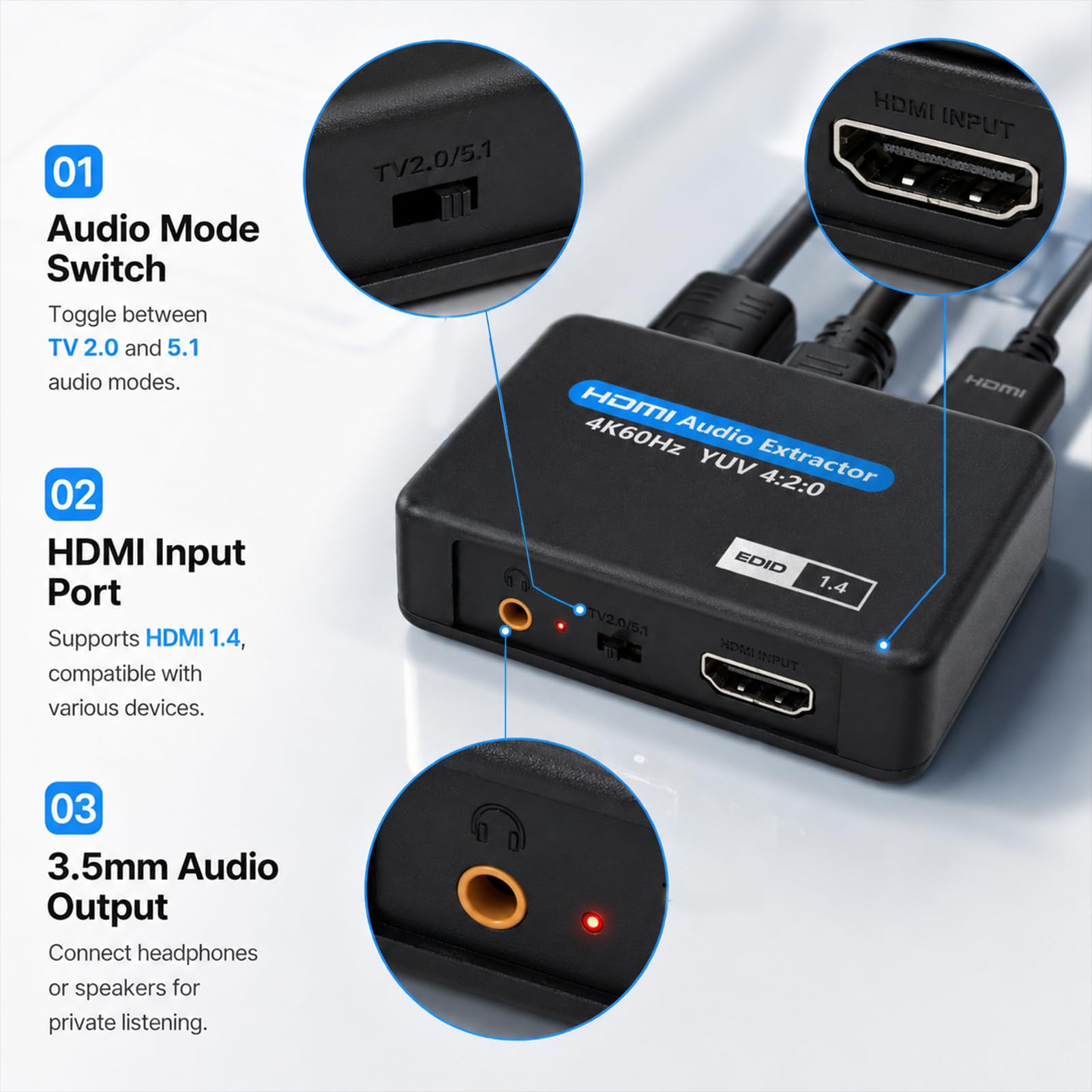 HDMI Audio Extractor, Optical SPDIF Audio Splitter Toslink + 3.5mm Ausgang, 4K 60Hz Konverter Adapter für Fire TV Stick PS5 Xbox PC Laptop, EDID Umschaltung, für Soundbar und Verstärker