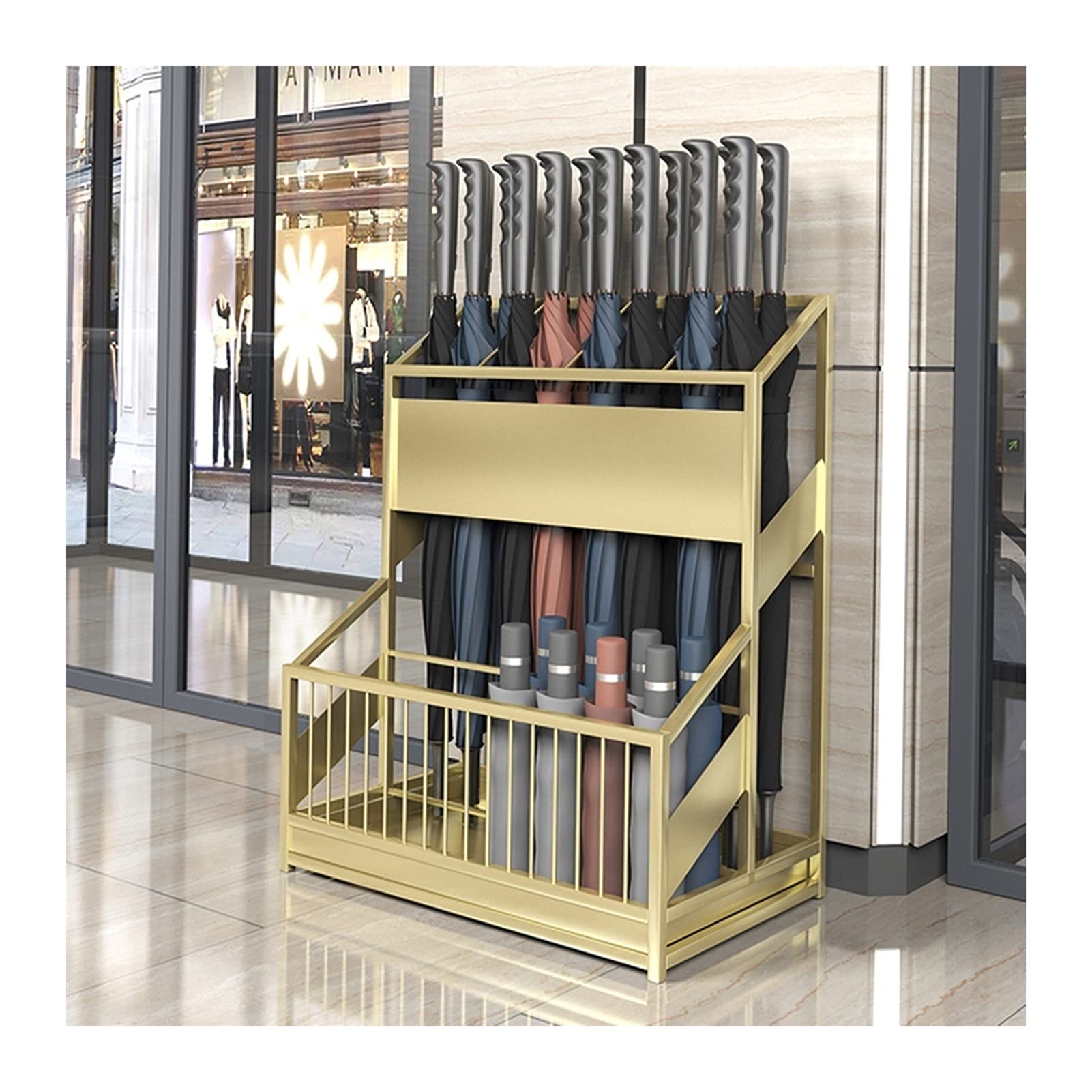 Panier à parapluies pour couloir hôtel école café en fer doré solide