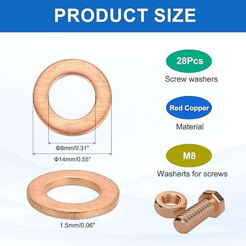 Miniatura 2 de MECCANIXITY 28Pcs Arandela Plana, Kit de Arandelas de Cobre M8, Anillo de Sellado de Cobre, Arandela de Aplastamiento, Surtido, 8mm ID, 14mm OD,