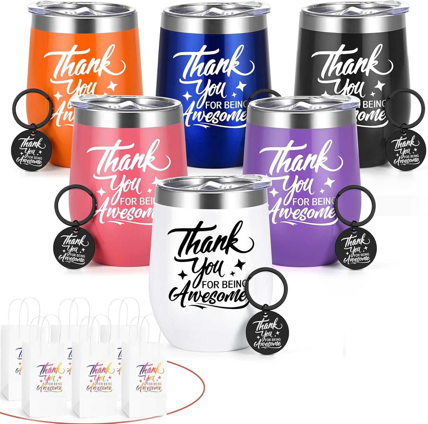 Gtmileo Thank You Gifts for Women Men, 6-Pack Insulated Tumbler, Appreciation & Christmas Gifts with Keychain, 12oz