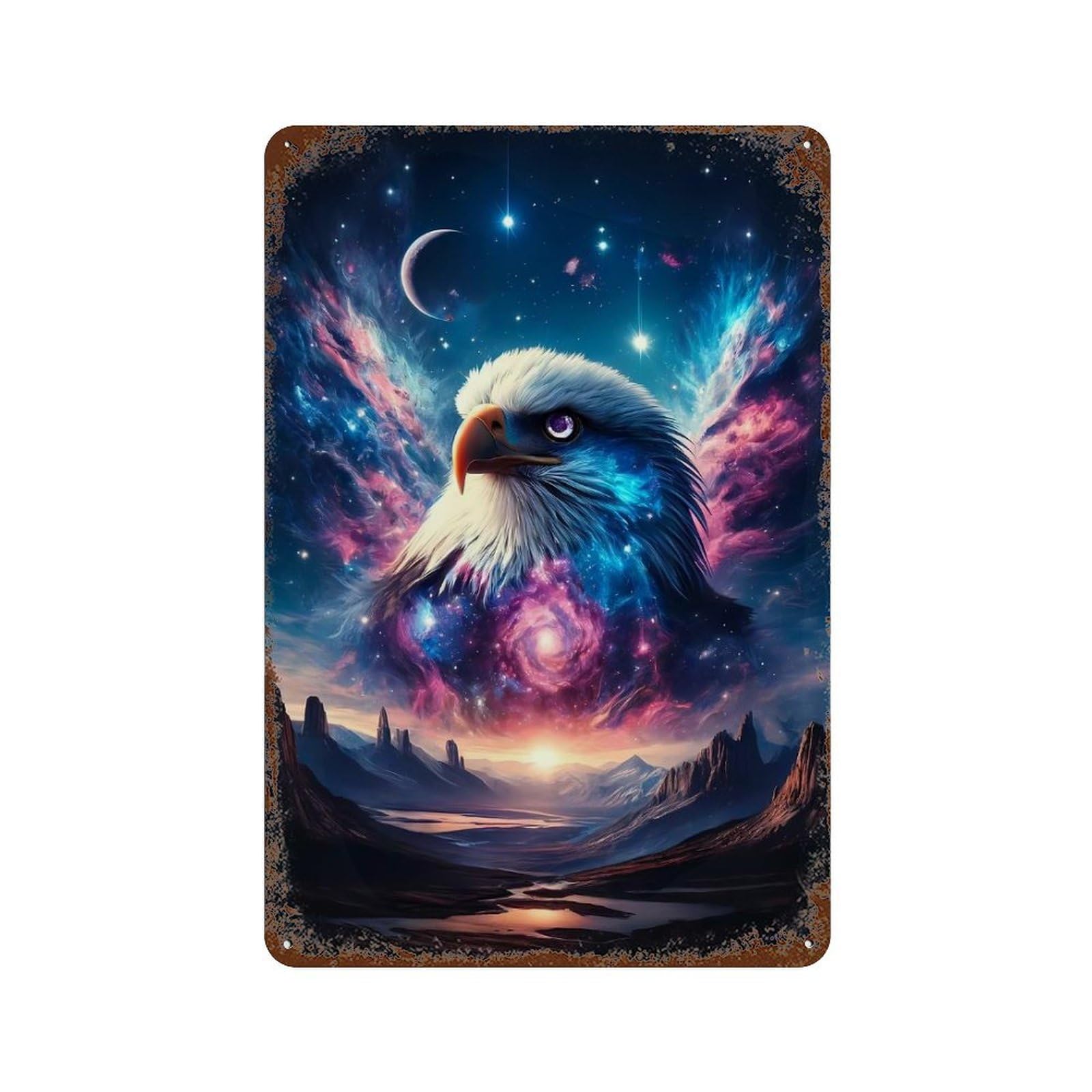 Cosmic Eagle Weathered Tin Sign 11.8"x7.9", Classic Wall Plaque for Garage, Bar And Workshop Decor