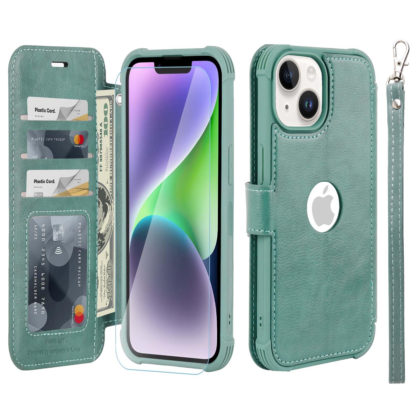 VANAVAGY Compatible for iPhone 14/13 Wallet Case for Women Men, PU Leather Flip Folio Cover with Wrist Strap for Wireless Charging with RFID Blocking