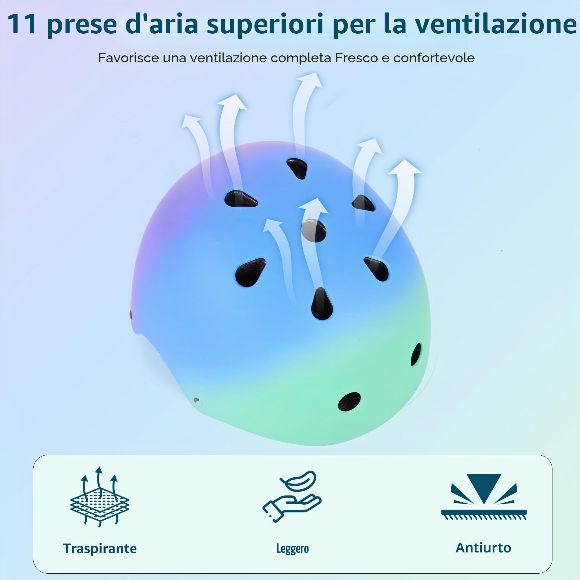 Casco da bici regolabile per bambina bambini Con gradiente di colore, Casco protettivo per ragazze ragazzi per multisport skateboard monopattino ciclismo pattinaggio, Verde Blu