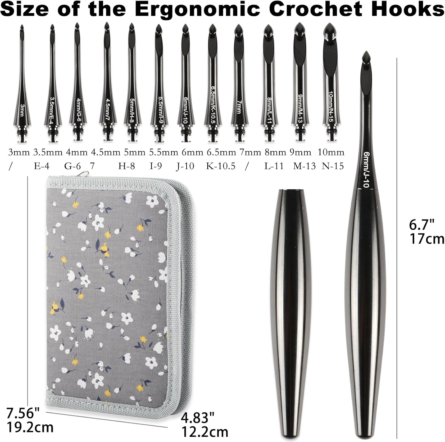 Svartur Interchangeable Crochet Hook Set with 12 Hooks – Ergonomic Crochet Hooks Large Handle, US Sizes E-4 to N-15 (3mm–10mm), Smooth & Lightweight, Crochet Kit with Storage Case, Black