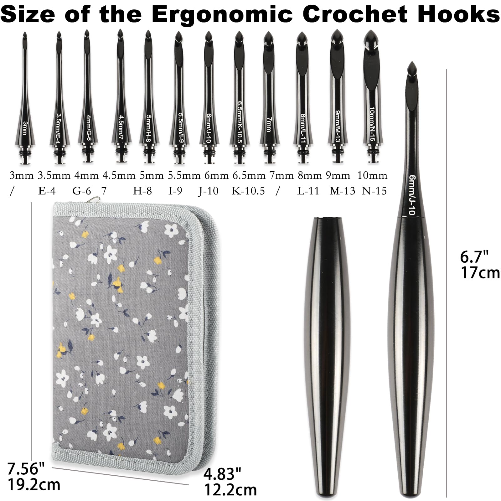 Svartur Austauschbares Häkelnadel-Set mit 12 Haken, ergonomische Häkelnadeln, großer Griff, US-Größen E-4 bis N-15 (3 mm-10 mm), glatt und leicht, Häkelset mit Aufbewahrungskoffer, Schwarz