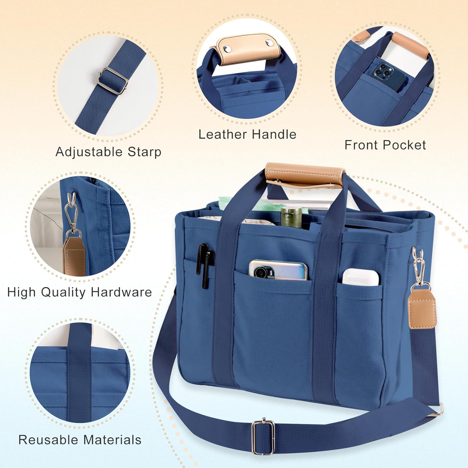 Multi Pocket Tote Bag for Women Canvas Bag with Handle Bag Large Cpacity Purse Reusable Handbag