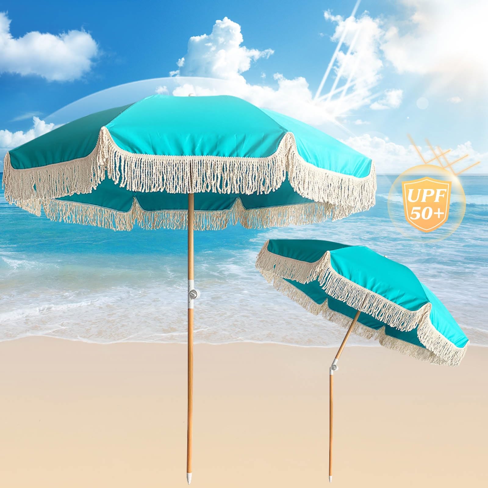 Ombrellone da spiaggia Boho regolabile da 180 cm, blu e verde, compatto, antivento, con frange, ideale per patio, piscina, giardino e giardino, con borsa per il trasporto.