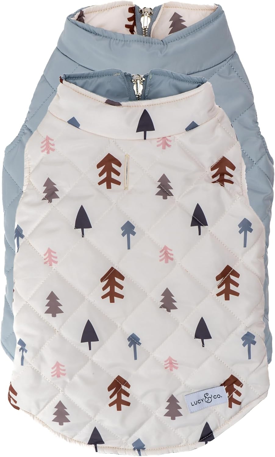 Lucy & Co. The Flurried Forest Reversible Puffer Vest (Pets) for Small Dogs, Medium Dogs and Large Dogs - Medium - White & Blue Trees