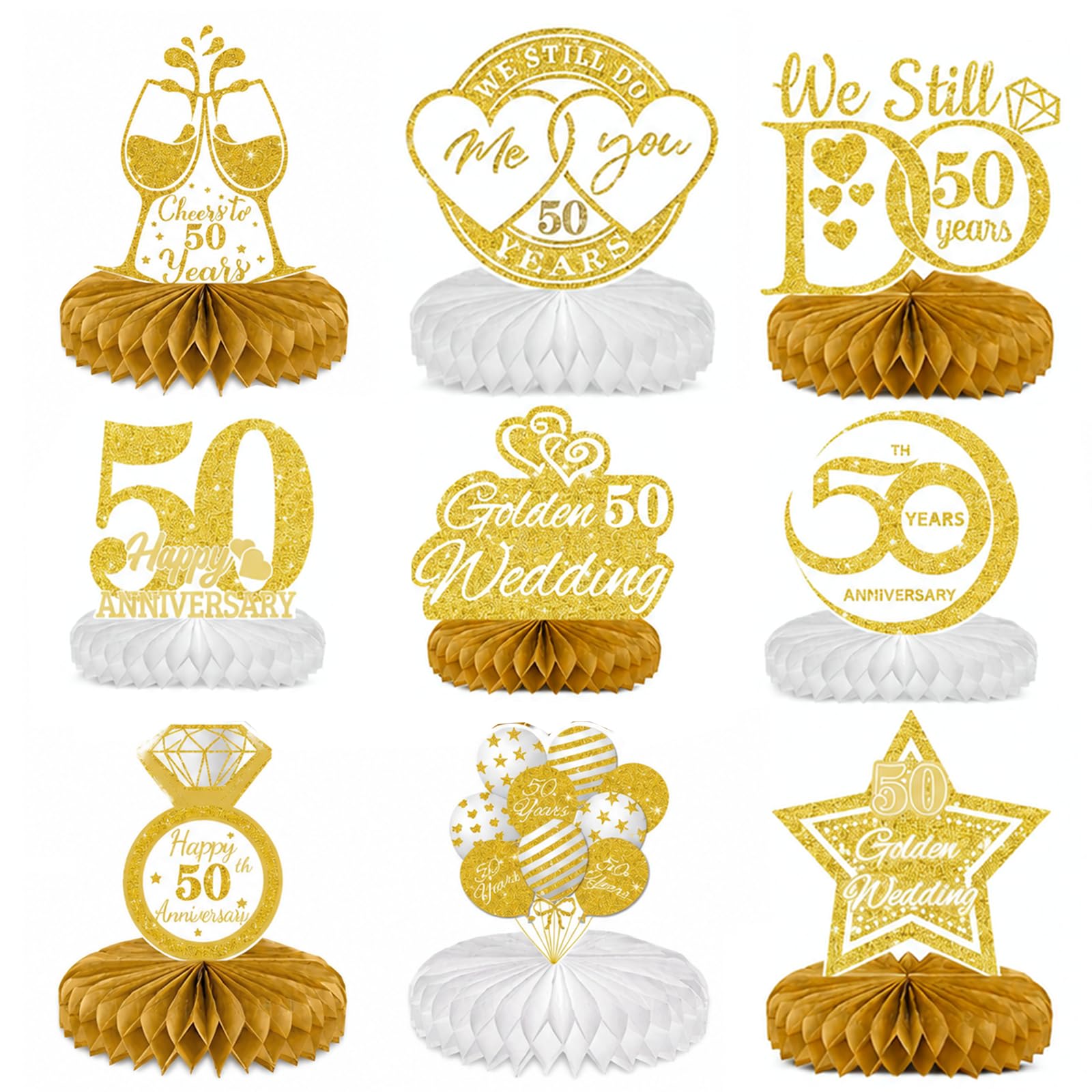9Pcs Golden Wedding Anniversary Decorations, 50th Anniversary Decorations