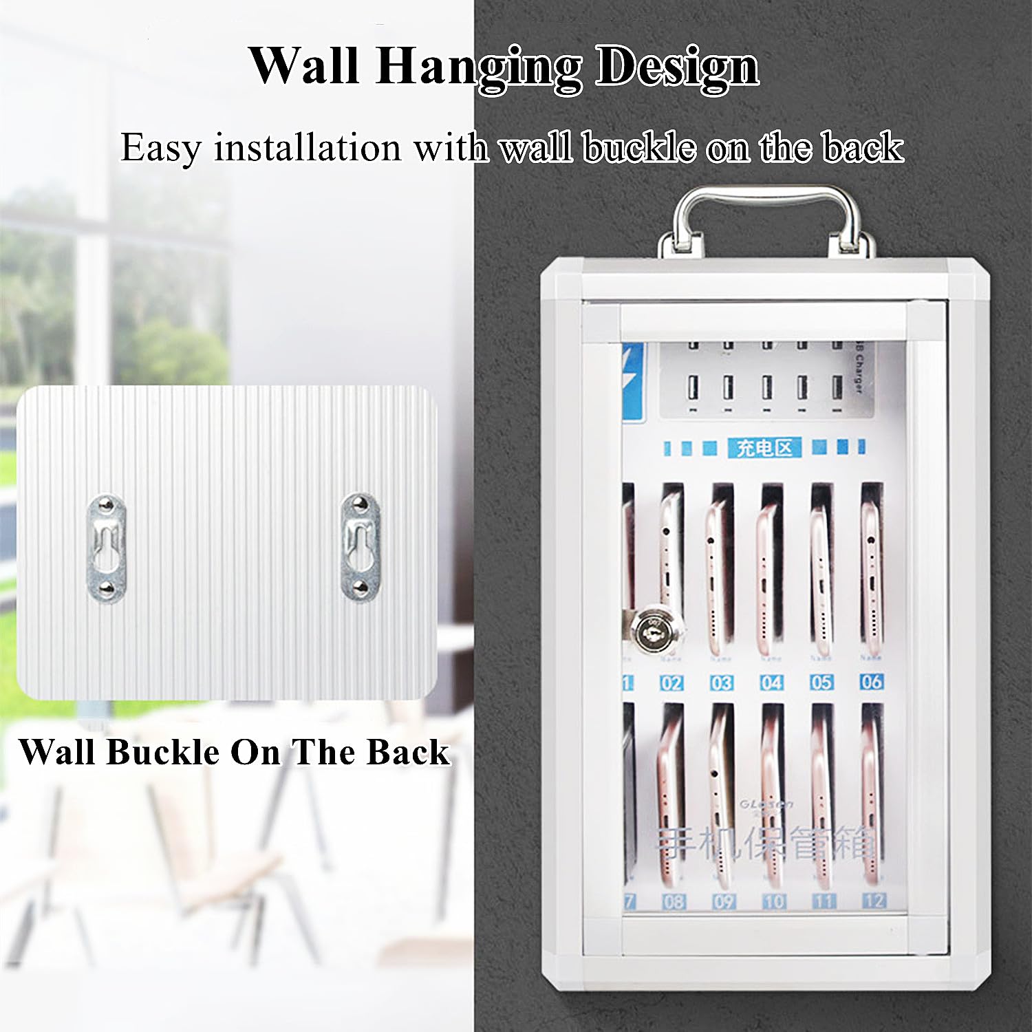 Cargador de Pared para Celular con Interfaz USB y Cierre de Seguridad, gabinete portátil Recargable con Cerradura y manija, Compartimentos múltiples para Celular, 48 ranu,24 Slots