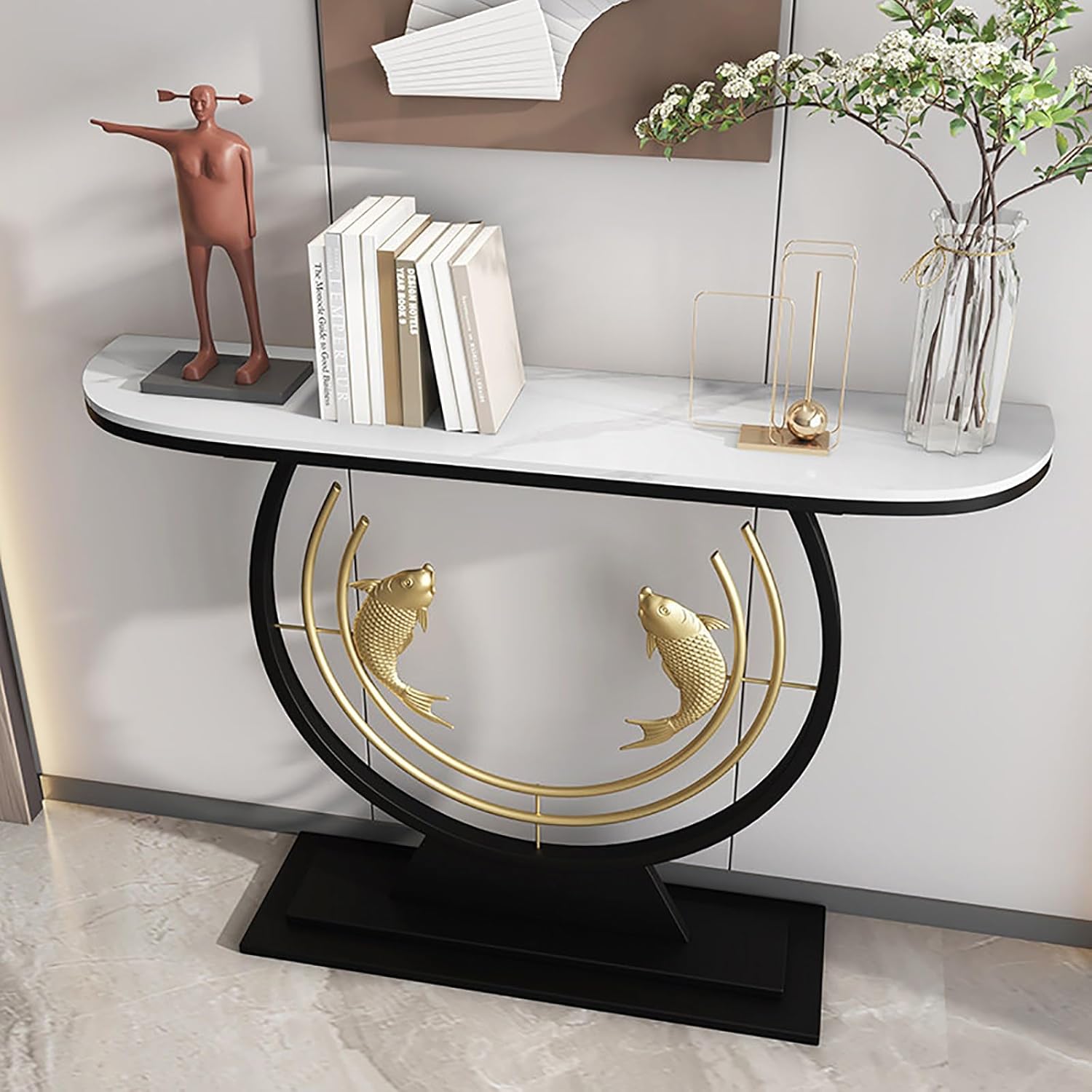 Modern Console Table with Stone Slab Tabletop Accent Table for Hallway Entryway Living Room Foyer Corridor Office(White,100x30x80cm)