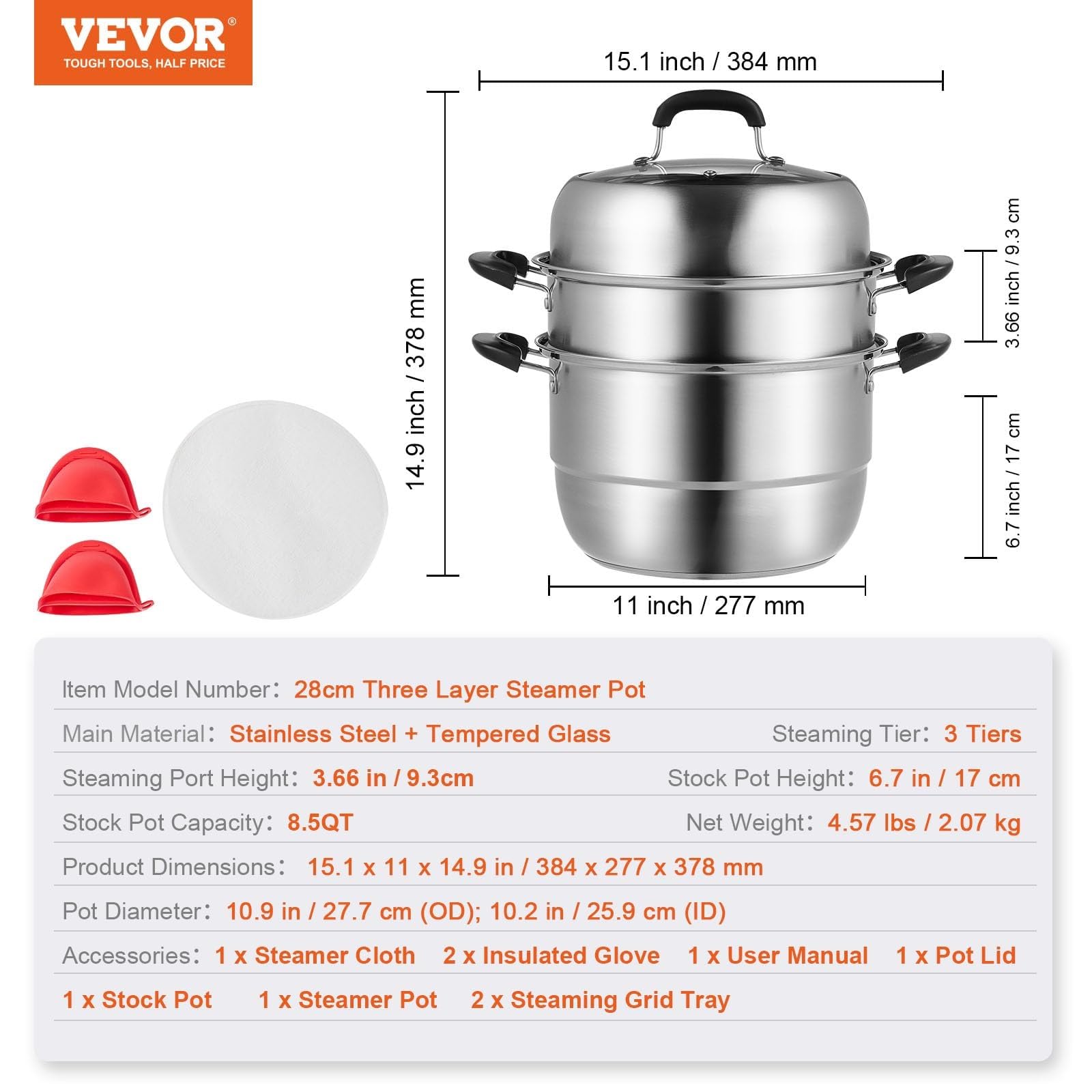 THEGA 3-stufiger Dampfgartopf - Dampfgartopf, Zum Kochen Mit 8,5 QT Suppentopf, Gemüsedampfgarer Und 2 Dampfschalen, Lebensmittel-Dampfgarer Aus Lebensmittelechtem Edelstahl 304 Für Gas- Und