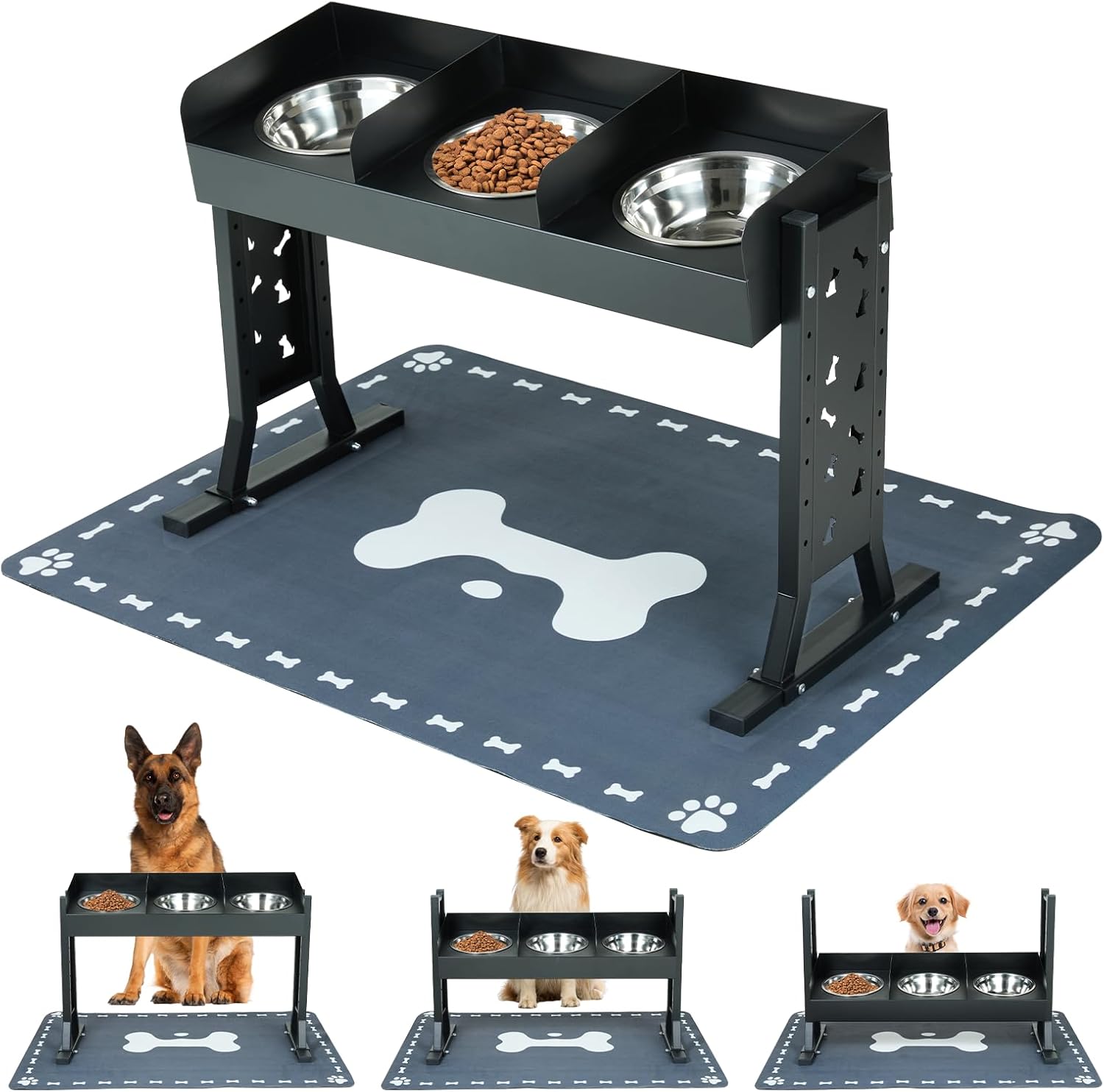 Triple Elevated Dog Bowls Stand,7 Heights Adjustable Tilted Raised Dog Bowl Stand Multiple Dogs with 3 Stainless Steel 1.3L(44oz) Bowls, 21.7" Tall Pet Feeding Station for Large Breed Dogs
