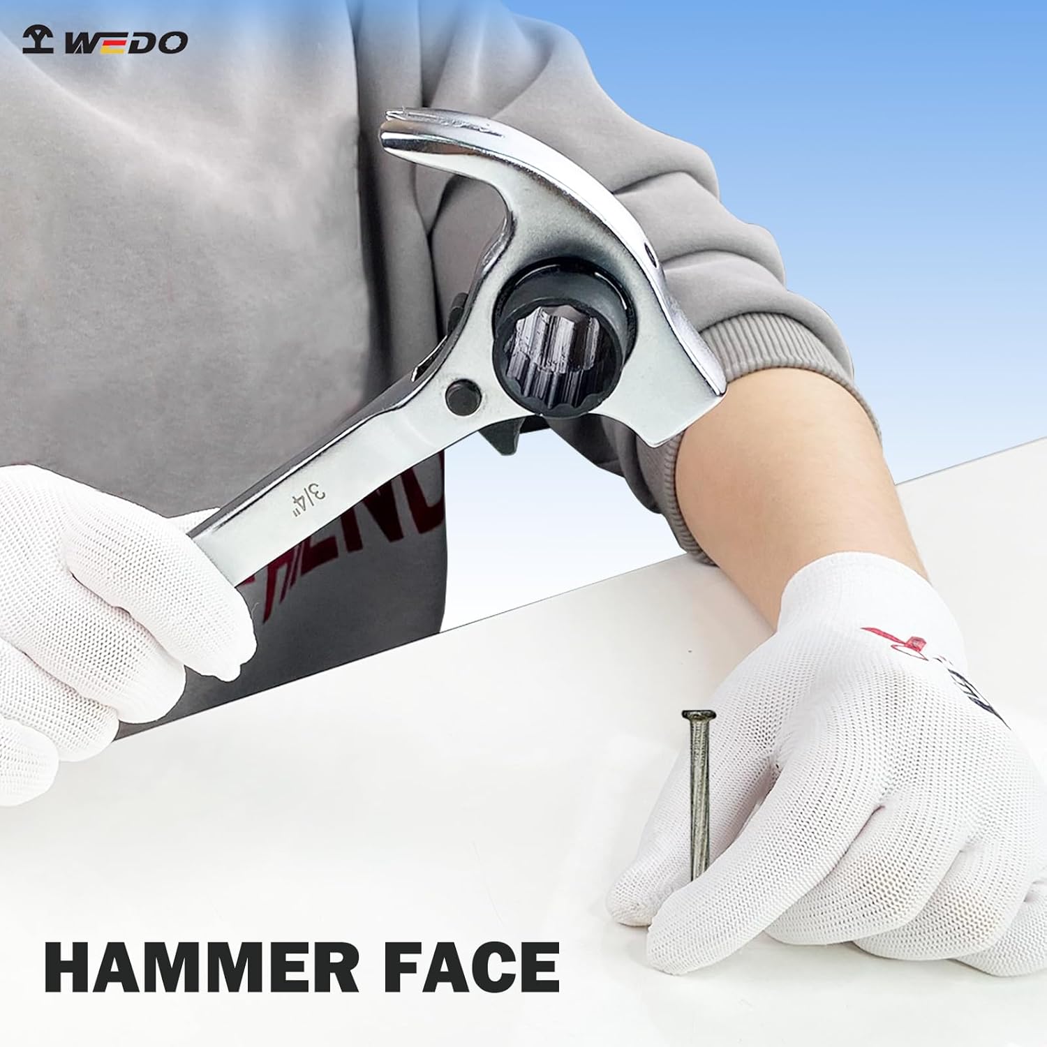 WEDO 3/4"×7/8" Scaffold Ratchet Wrench,Multifunctional Spud Ratchet Podger Wrench,Double Ended Socket Scaffold Wrench with Claw Pry Bar and Hammer Function, Length 310mm,Silver