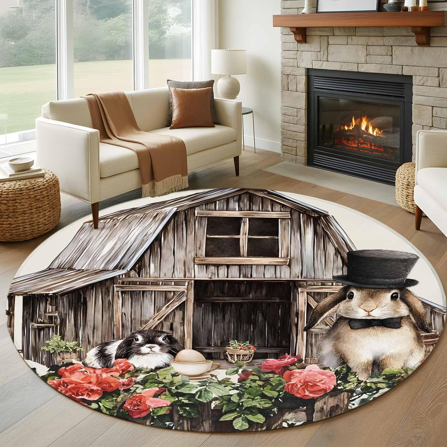 Round Rugs 6Ft, Easter Bunnies Washable Rug for Living Room Low Pile Indoor Floor Carpet, Beige Vintage Farmhouse Rabbits Floral Non-Skid Bathroom Rug Kitchen Runner Rugs for Bedroom