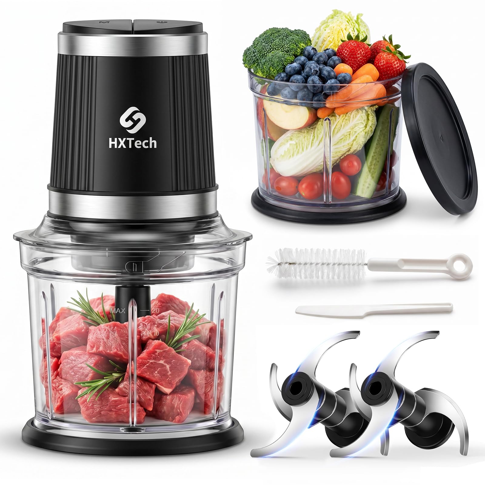 Robot culinaire, hachoir électrique avec 2 bols (2 × 4 tasses) et 2 ensembles de lames en S double couche (noir, 2 bols)