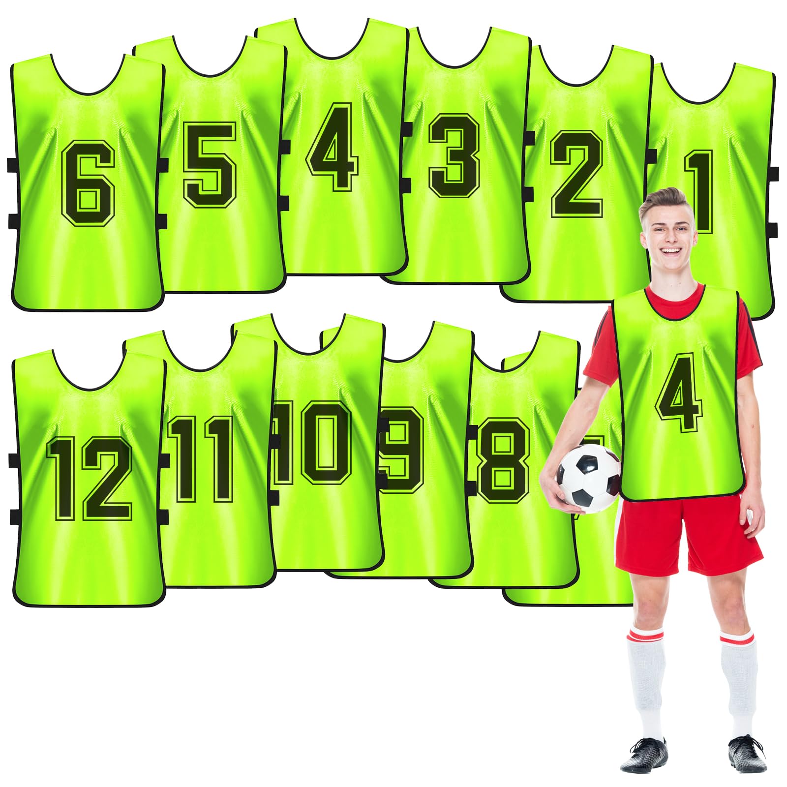 12 Pack Fluorescent Green Football Training Bibs, Numbered Scrimmage Vest for Adults and Youth, Breathable Practice Sports Pinnie for Soccer Basketball Football