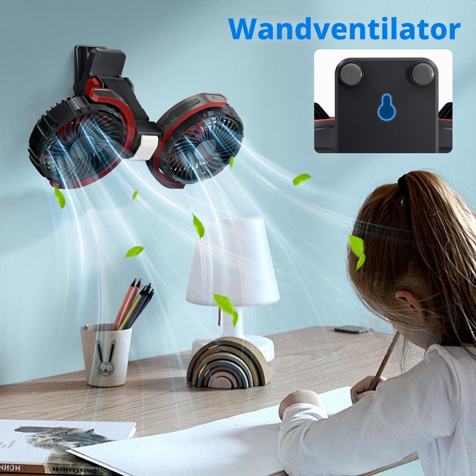 Clip Ventilator Akku mit Licht, USB C Aufladbar Leise Fan Doppelkopf Wandventilator,Stark Lufter Klemmbar für Büro, Bett,Schlafzimmer, Auto, Wohnmobil(Tiefschwarz)