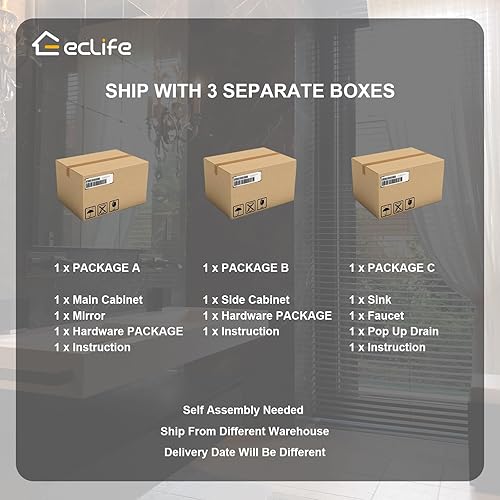 Miniatura 6 de eclife 36-A29B B06 - Lavabo de baño de 36 pulgadas, color negro, con gabinete lateral, vidrio templado azul, grifo de ahorro de agua de 1.5 GPM y