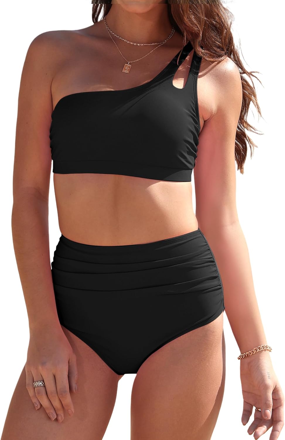 Buauty Women's Bikini Swimsuits Two Piece Bathing Suit with One Shoulder Top and High Waisted Tummy Control Bikini Bottom