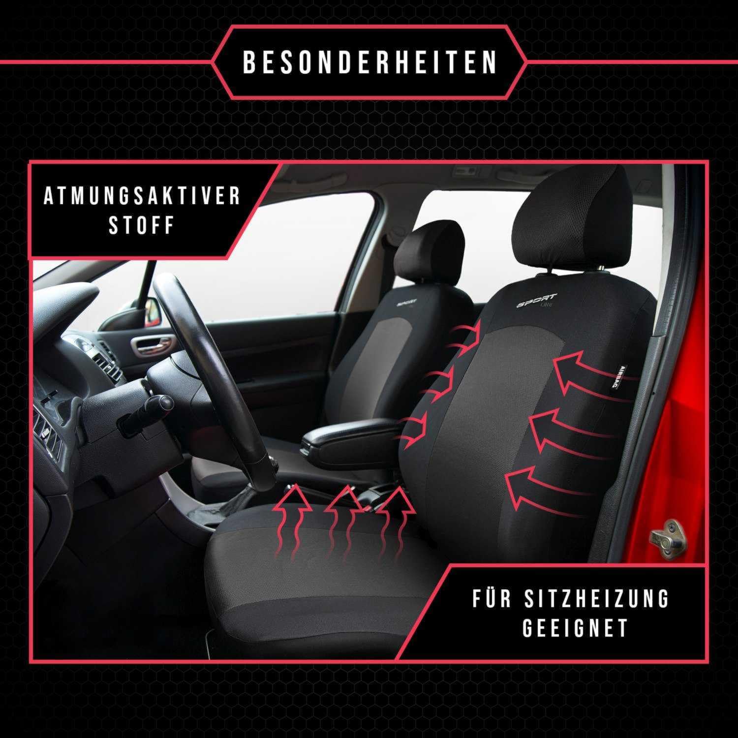3er Set Autositzbezüge PKW universal | Auto Sitzbezüge Polyester Grau für Airbag geeignet | für Vordersitze und Rückbank | 1+1 Autositze vorne und 1 Sitzbank hinten teilbar 2 Reißverschlüsse