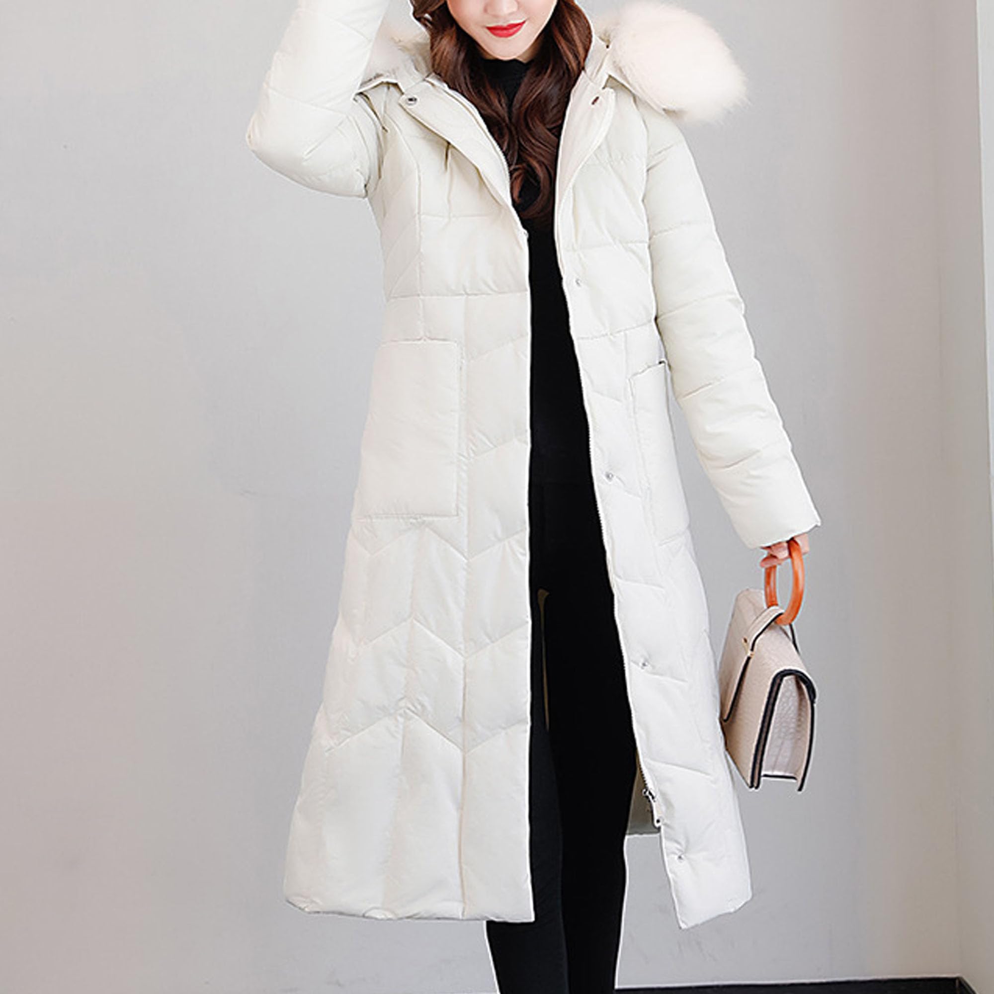 Piumino da donna casual in pelliccia sintetica con cappuccio medio lungo caldo giacca imbottita in cotone invernale per esterni slim fit solido piumino