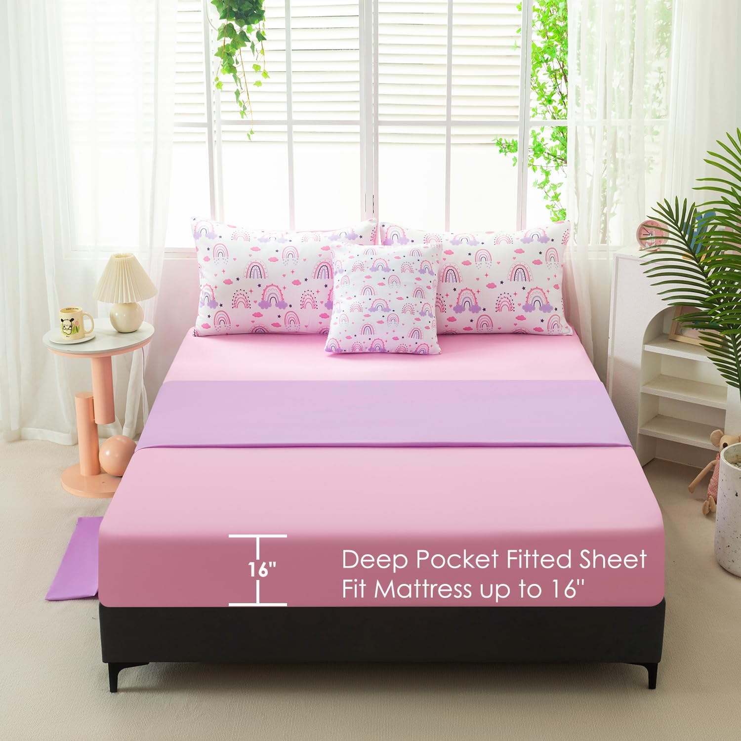 Rainbow Twin Bedding Sets for Girls, 6 Pcs Pink Purple Cloud Print Kids Comforter Set with Sheets, Soft Lightweight Teen Girl Bed in A Bag for Children Bedroom (Purple Rainbow, Twin) - Image 5