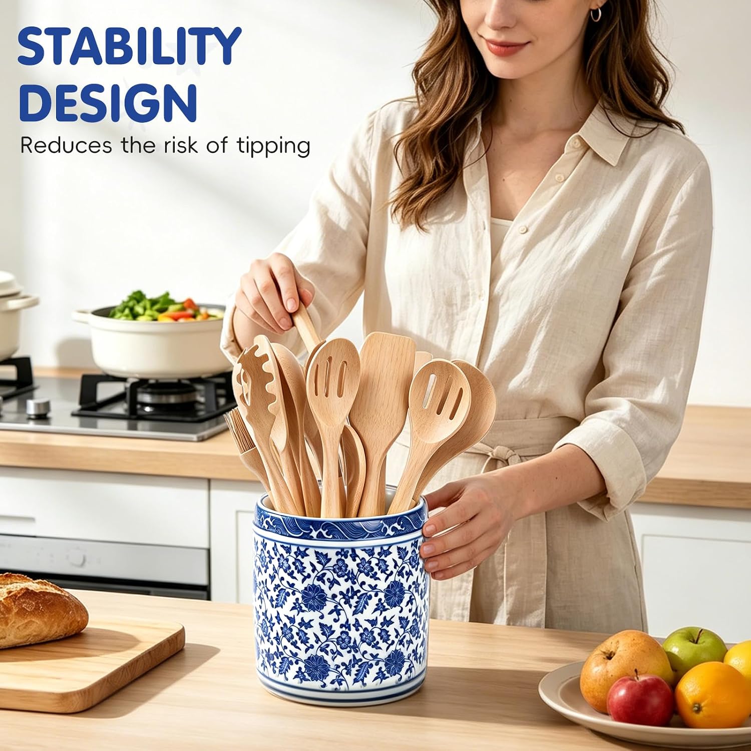 Ceramic Blue and White Utensil Holder Crock large Chinoiserie Floral Kitchen Countertop Organizer Ceramic Kitchen Crock for Cooking Utensils Home Decor & Parties