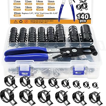 140PCS 6-25mm 14 Sizes Spring Band Hose Clamps with Swivel Flat Hose Clamp Plier, Constant Tension Hose Clamp Assortment Kit DD037