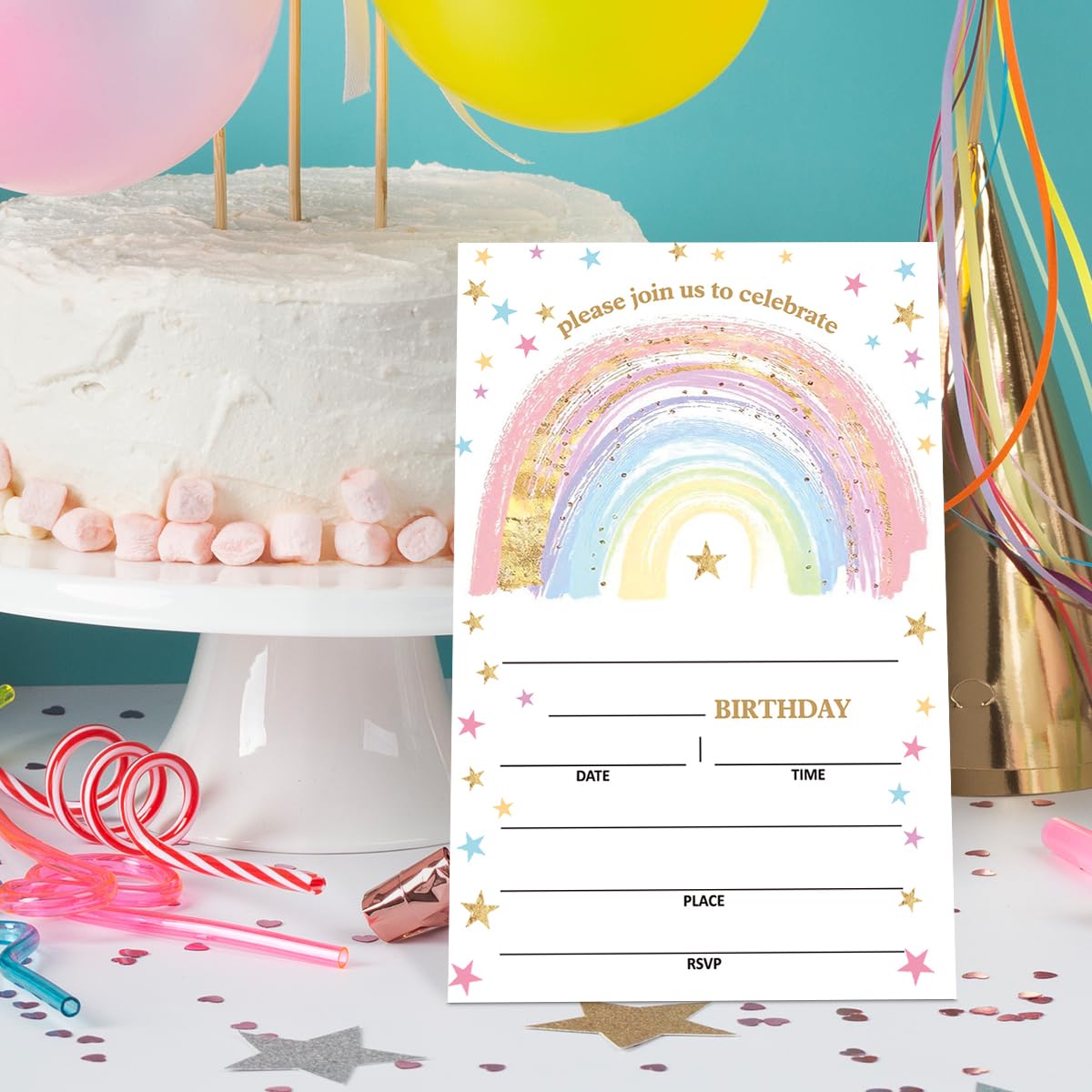Aquarell-Geburtstagseinladungen – 20 Stück Mit Umschlägen | Bunt, Pastellfarben, Personalisierbar