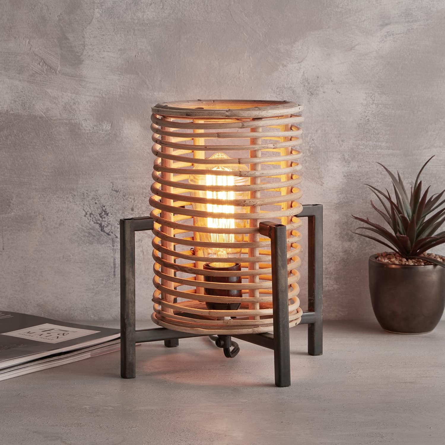 47th & Main Woven Boho Cylinder-Shaped Desk Lamp, Natural Cane