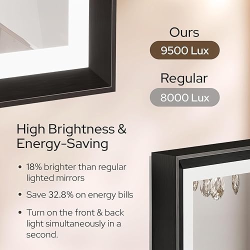 Miniatura 7 de Espejo de baño LED de 40 x 30 pulgadas con luces, marco de aluminio negro, antivaho, atenuación continua, espejo de tocador inteligente de 3 colores