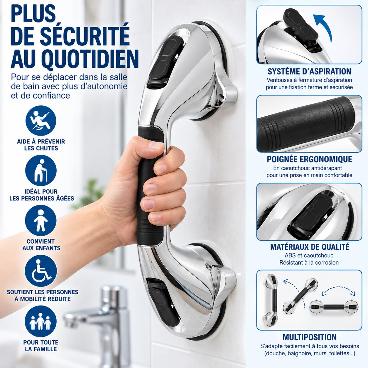 Poignée de Douche à Ventouses pour Salle de Bain avec Indicateur de Sécurité - Barre d'appui avec poignée anti-dérapante - Poignée de douche amovible avec ventouse - Barre murale - Chrome (1)