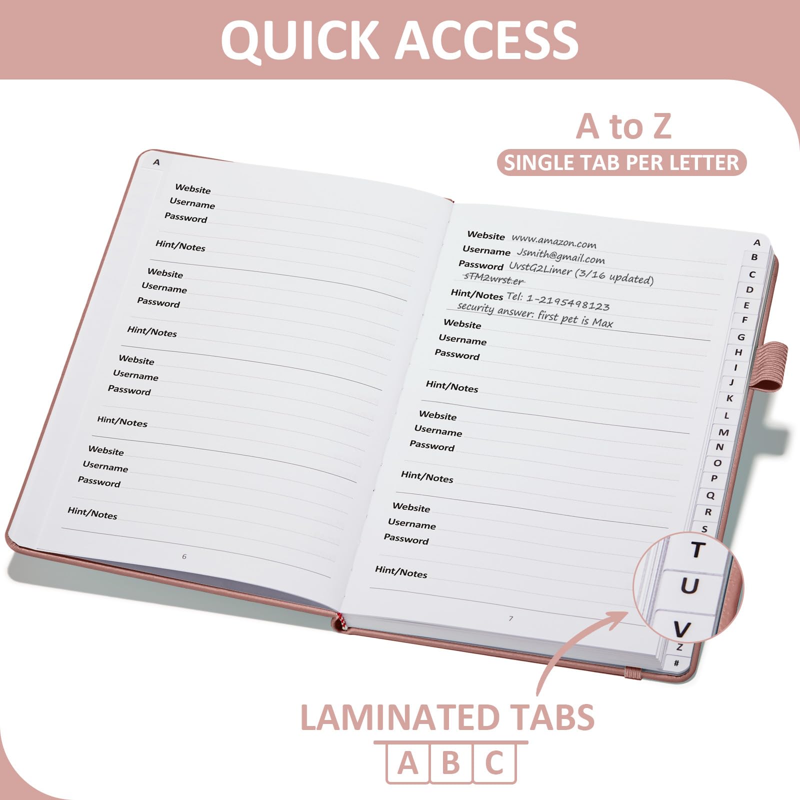 Comkiso Passwortbuch mit individuellen alphabetischen Registerkarten, laminiert, Großgedrucktes Passwort-Keeperbuch für Senioren, A5, Hardcover, Internet-Passwort-Logbuch, zum Aufzeichnen der