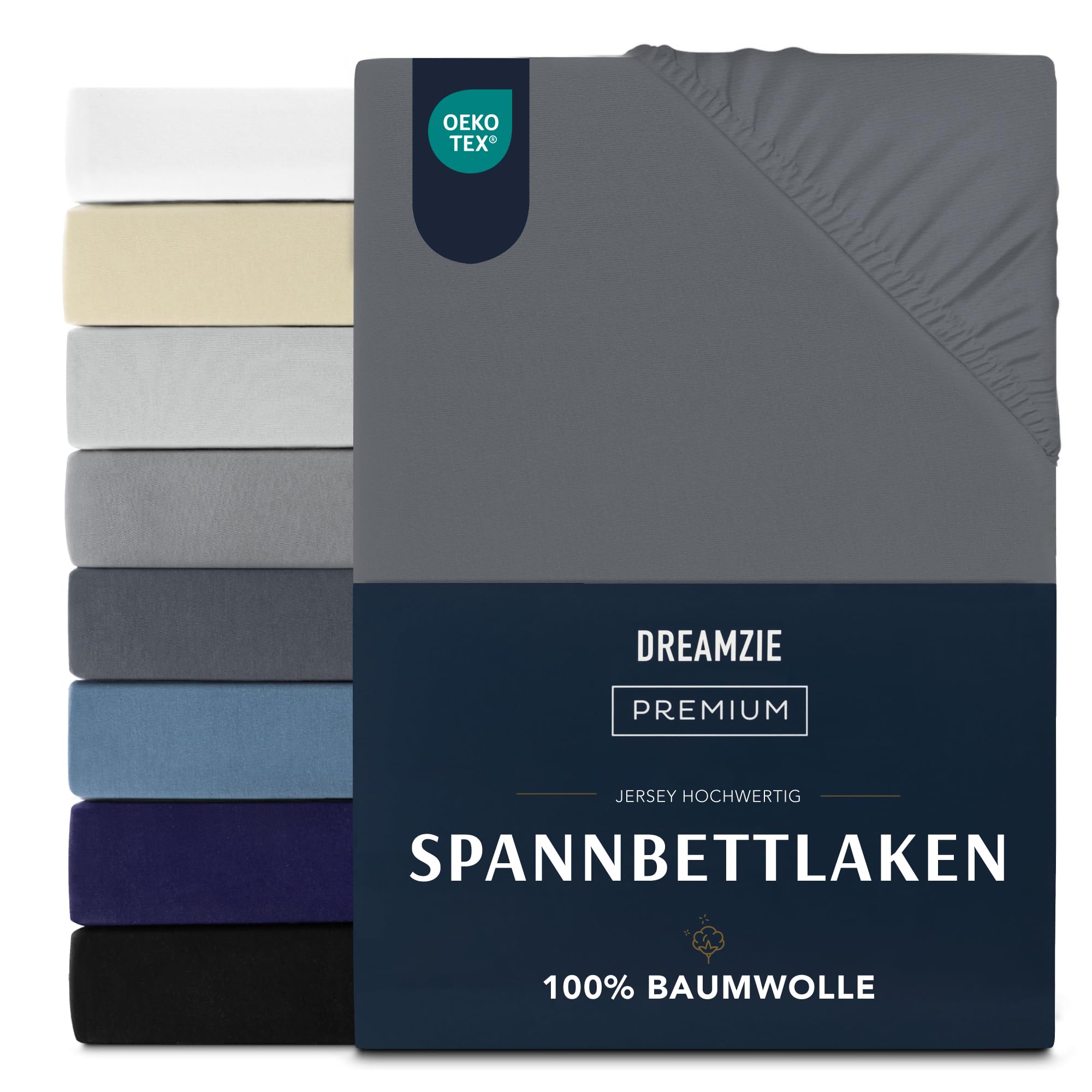 Dreamzie Premium fitted sheet 90 x 200 cm, fitted sheet for thick mattresses up to 22 cm, bed sheet 100% jersey cotton, 150 g/m², Oeko-Tex certified - dark grey