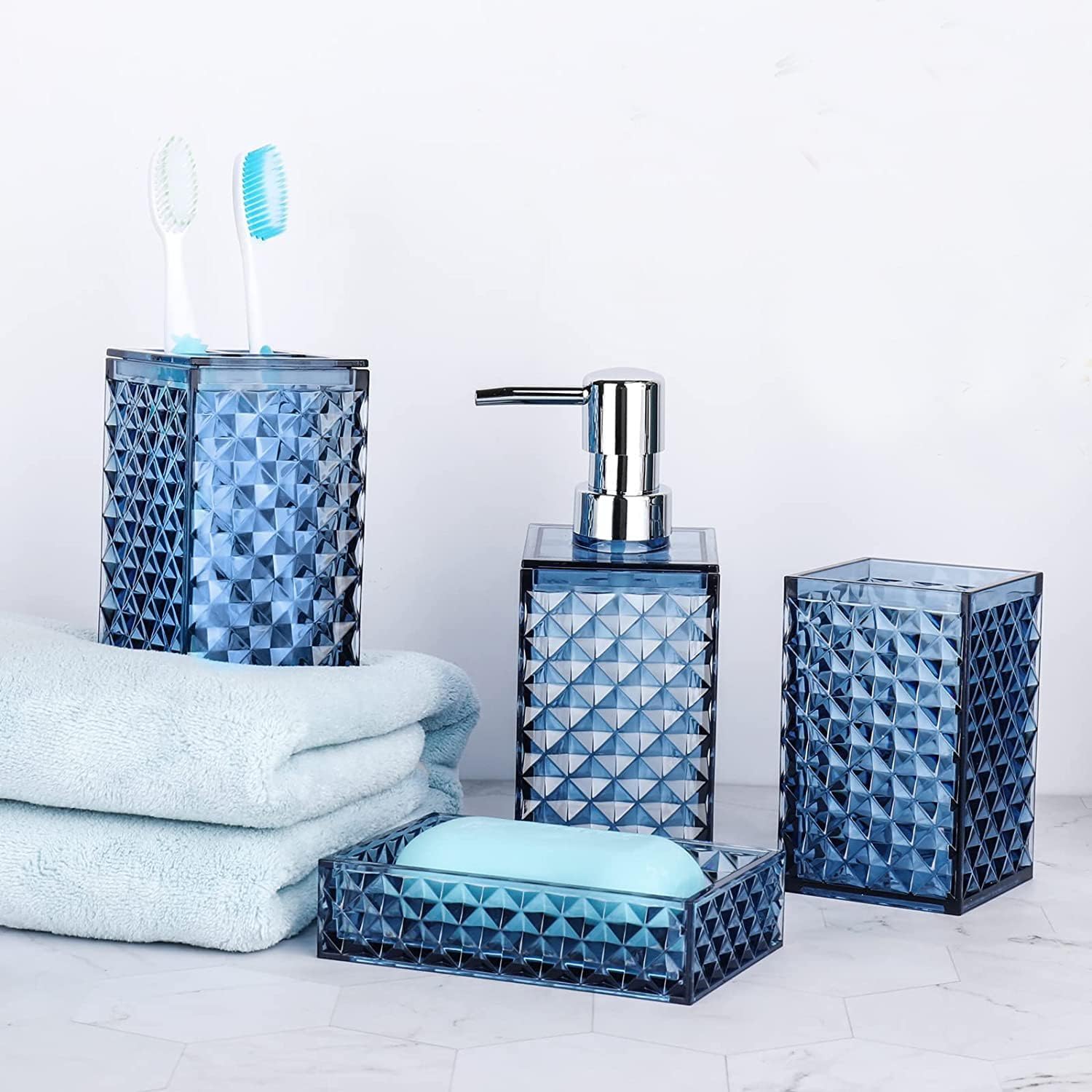 Blue Bathroom Accessories Set, Multifunction Vanity Countertop Plastic