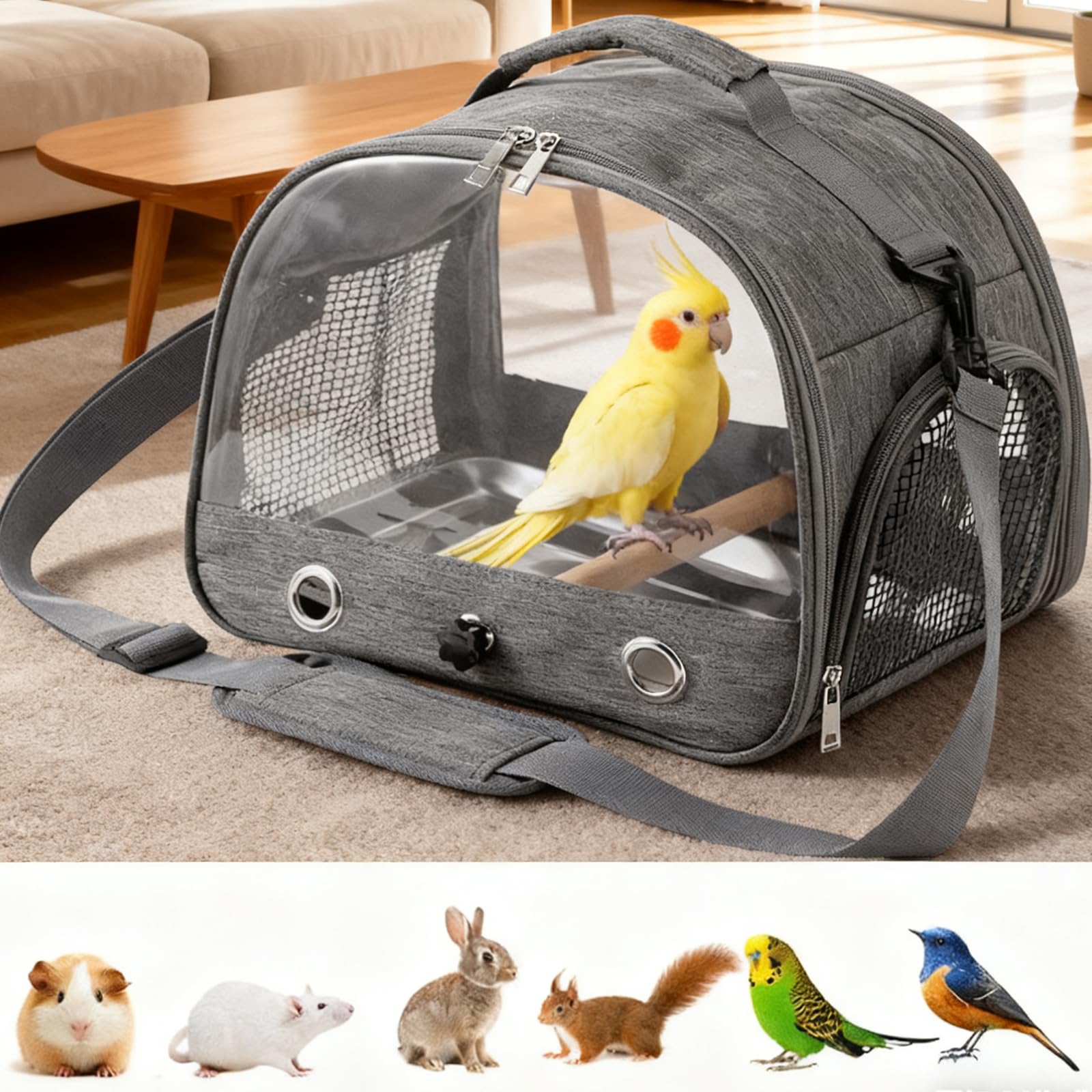 Borsa per uccelli con asta e vassoio in acciaio inox, per il trasporto di uccelli, traspirante, portatile, per pappagallini, piccoli animali, Bird Transport Box (grigio)