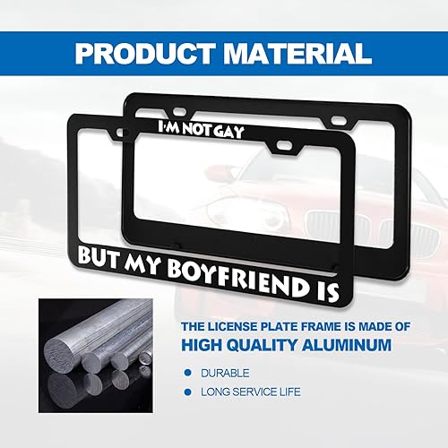 Miniatura 6 de Marco de matrícula con textos humorísticos  I'm Not Gay But My Boyfriend is, divertido marco de aluminio de metal negro para automóvil con 2