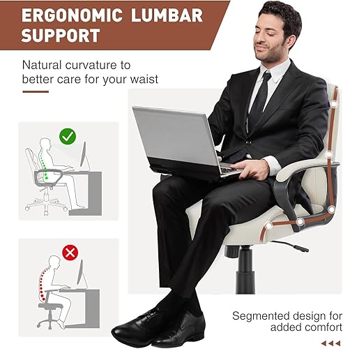 Miniatura 3 de OLIXIS Silla de oficina ejecutiva con reposabrazos acolchados de altura ajustable, giro de 360 grados, soporte lumbar, piel sintética, color blanco