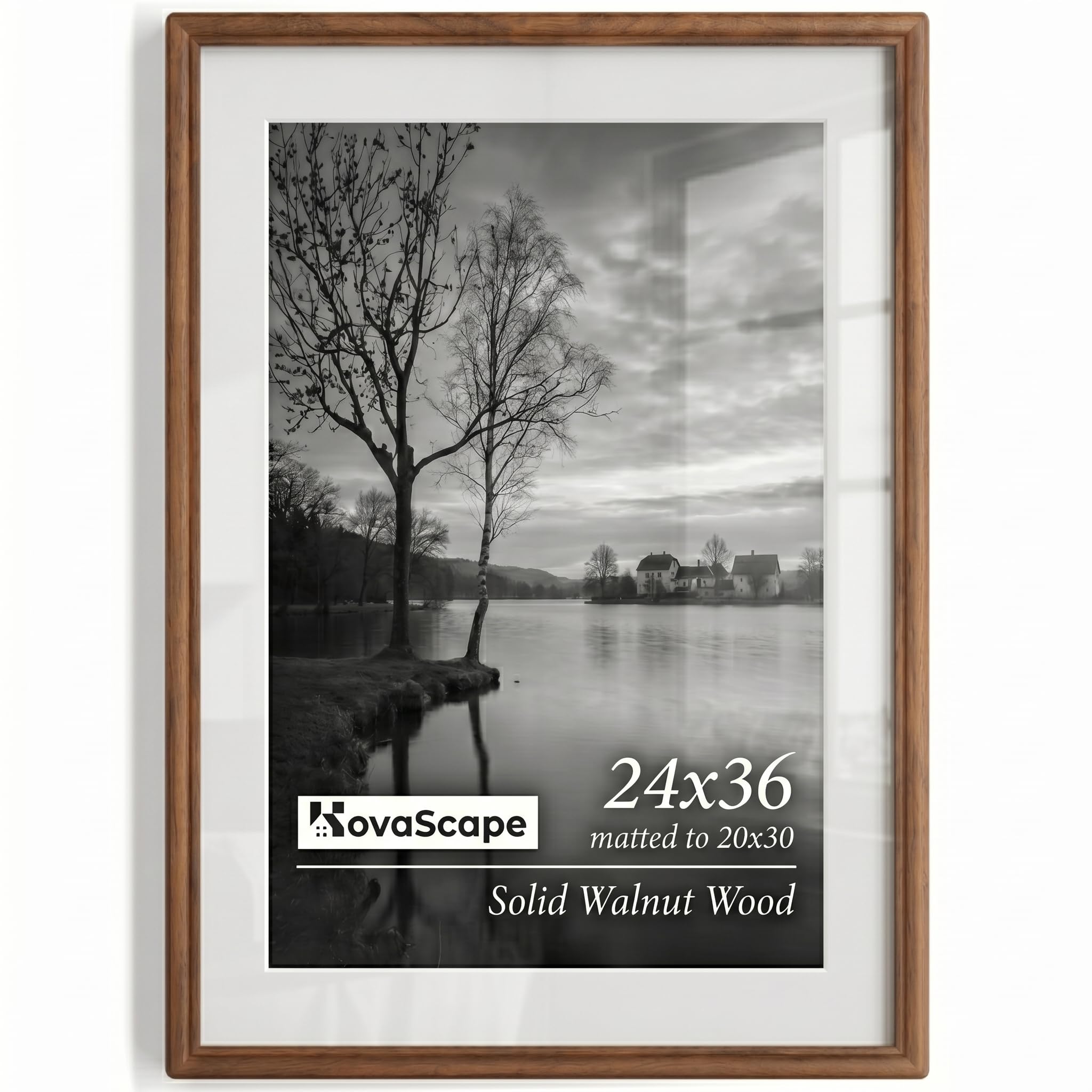 KovaScape Picture Frame, Solid Walnut Wood Frame, Double Arc Round Corner Hand Craft Poster Frame, 24x36 Matted to 20x30, 24 by 36 Frame with HD Real Glass,Wall Display,Pack of 1 โ image 1
