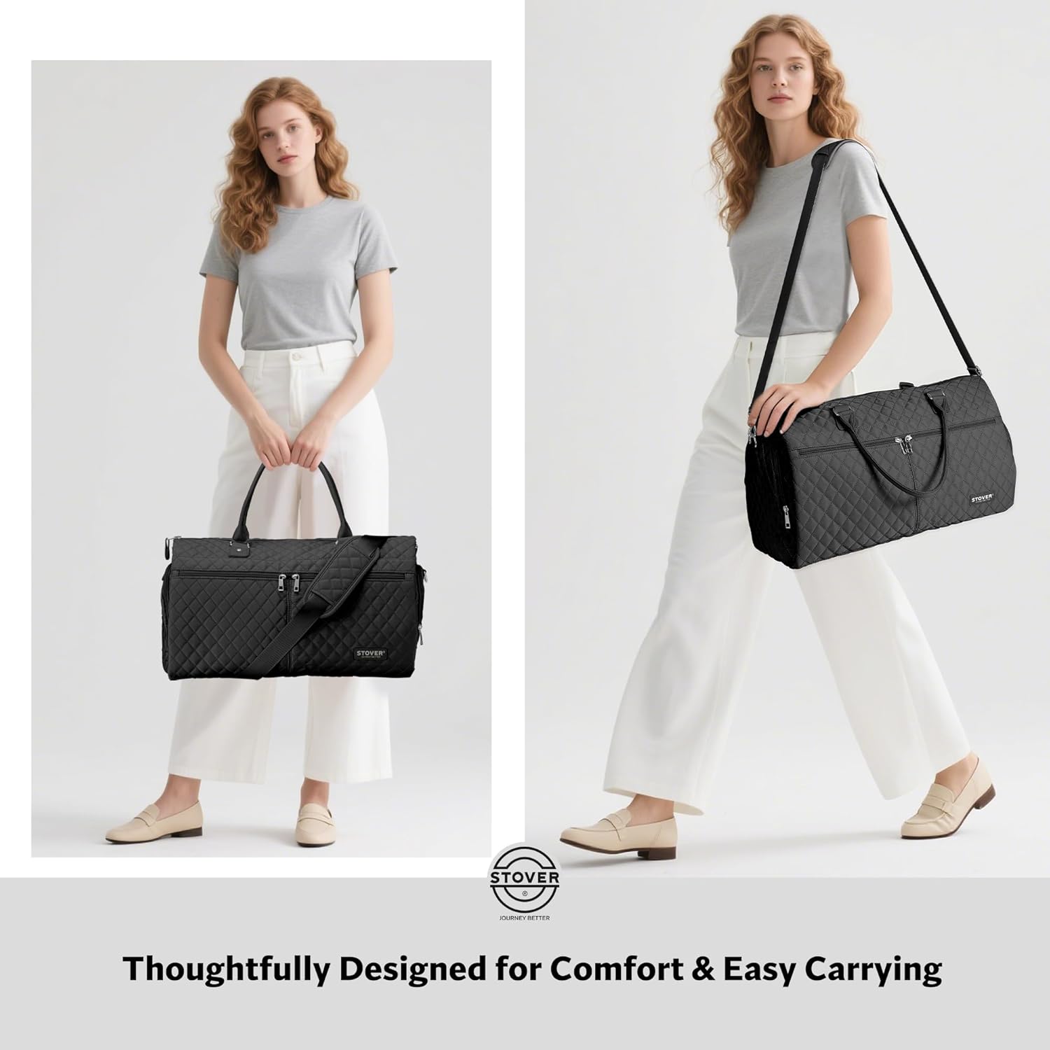 STOVER Women’s Convertible Garment Duffel Bag for Travel – 2-in-1 Carry-On Weekender/Overnight Tote - Wrinkle-Free Dresses, Hanging Suits & Clothes Plus Shoe Compartment & Bonus Toiletry Bag (Black) - Image 7
