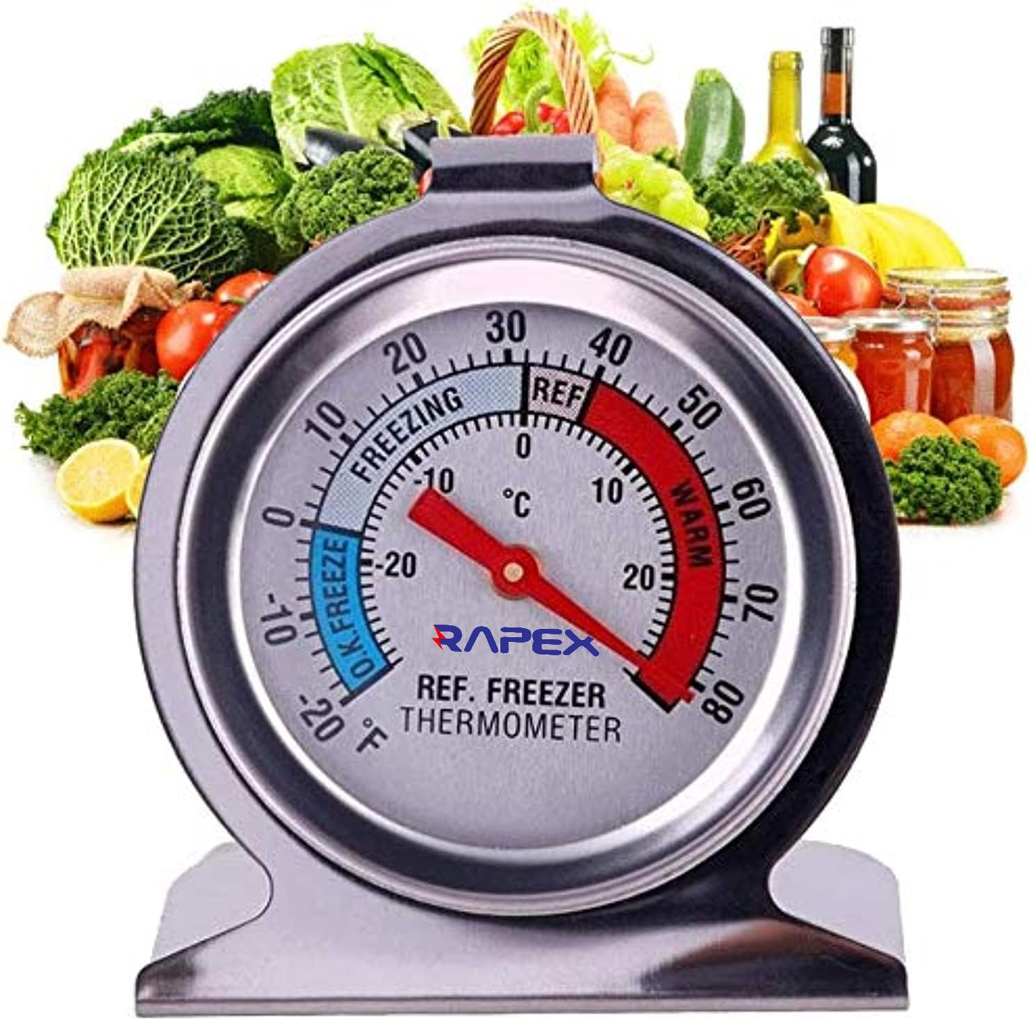 Royal Apex Stainless Steel Refrigerator & Freezer Thermometer, 4cm Large Dial with Red Indicator, -30 to 27 DC (-20 to 80 °F), with Wide Base and Integrated Hook for Hanging (1)