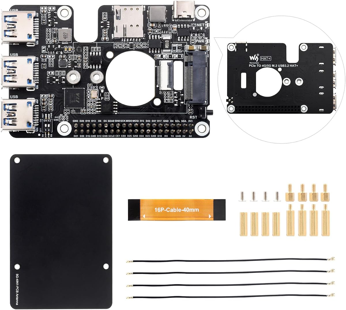 Waveshare PCIe to M.2 4G/5G and USB 3.2 HAT, Compatible with Raspberry Pi 5 Cellular Modem and SIMCom/Quectel 4G/5G LTE Modules, Comes with 5G-4IN1-PCB Antenna, High-Speed Networking